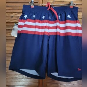 Tipsy Elves NWT Mens Old Glory Stretch Swim Trunk Free Floatie Can Holder Size L